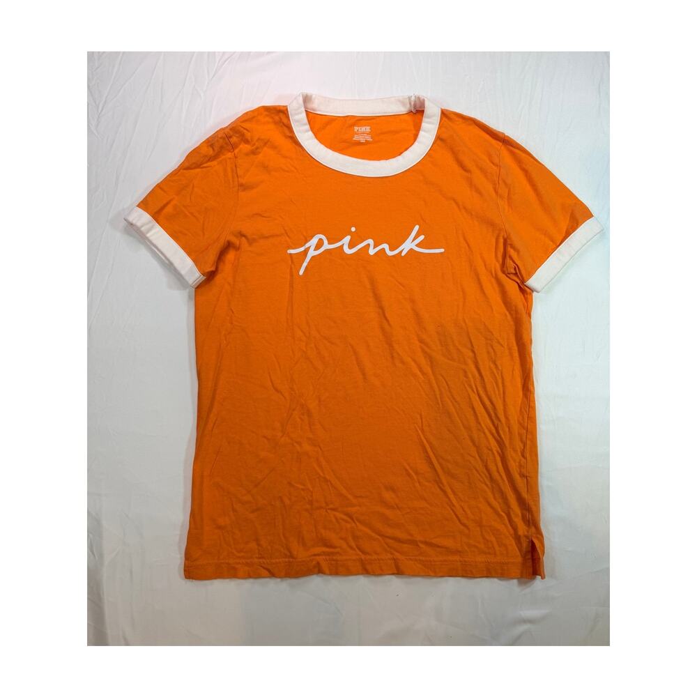 VS Pink Campus Cotton Ringer Tee Shirt Orange Sz M